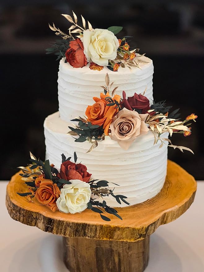 Rinlong 3Pcs Pre-made Cake Topper Cake Decorating Flowers for Cake Decor Boho Burnt Orange Fall Cake Flowers for Wedding Baptism Birthday Party Bridal Baby Shower