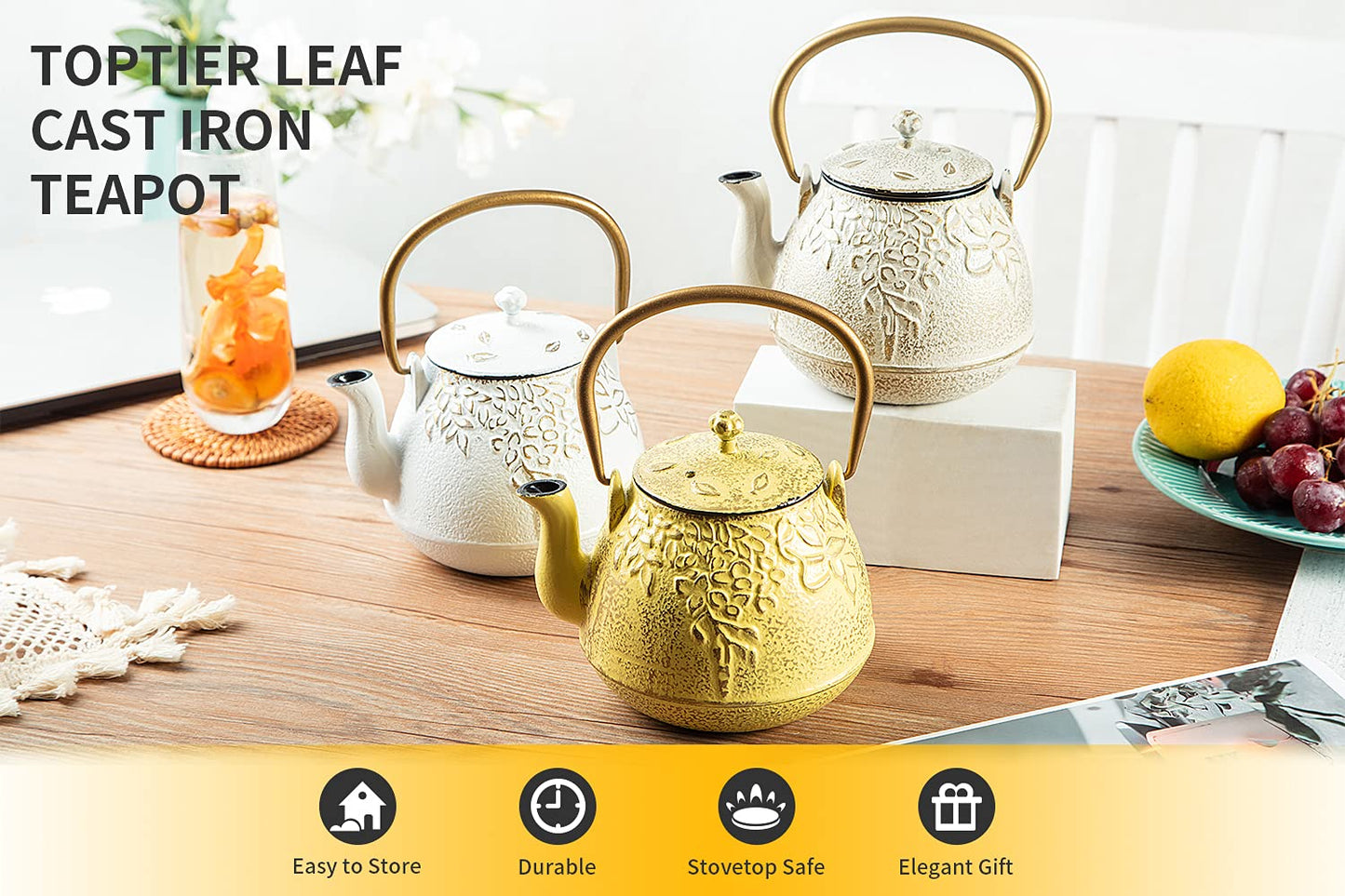Toptier Cast Iron Tea Kettle, Stovetop Safe Japanese Cast Iron Teapot with Infuser, Leaf Design Tea