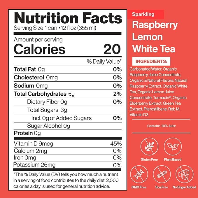 Happy Being Sparkling Nutrient-Rich Raspberry Lemonade White Tea – Infused with Turmeric, Elderberry, Vitamin D3, Caffeine Free, Plant-Based, Low Calorie & Low Sugar Drinks, 12oz (4 Pack)