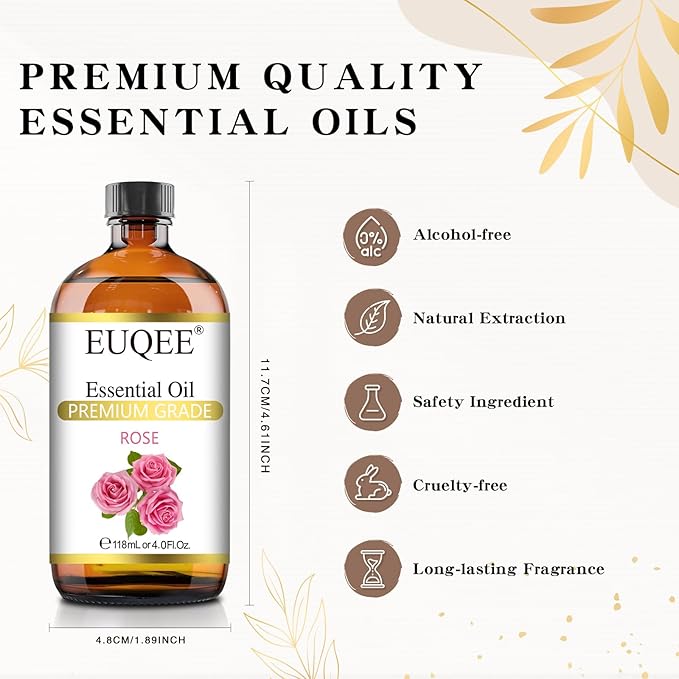 Rose Essential Oil 118mL Large Capacity Rose Oil Premium Essential Oil with Glass Dropper for Diffuser, Soap & Candle Making, Aromatherapy - 4Fl. Oz