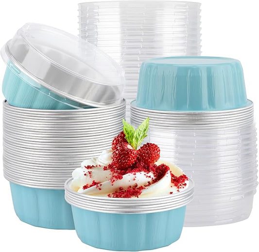EUSOAR Disposable Muffin Tins, 50pcs 9oz Blue Cake Containers with Lids, Foil Ramekins Desert Cups with Lids Cupcakes Bread Pudding Round Holders Cups for Wedding Birthday Theme Party