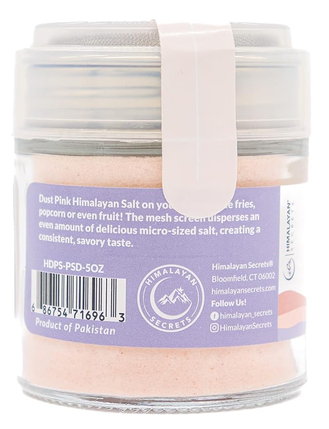Himalayan Secrets Natural Pink Popcorn Salt Duster in Refillable Screen Shaker - 5 oz Healthy Unrefined Powder Salt Packed with Minerals - Kosher Certified