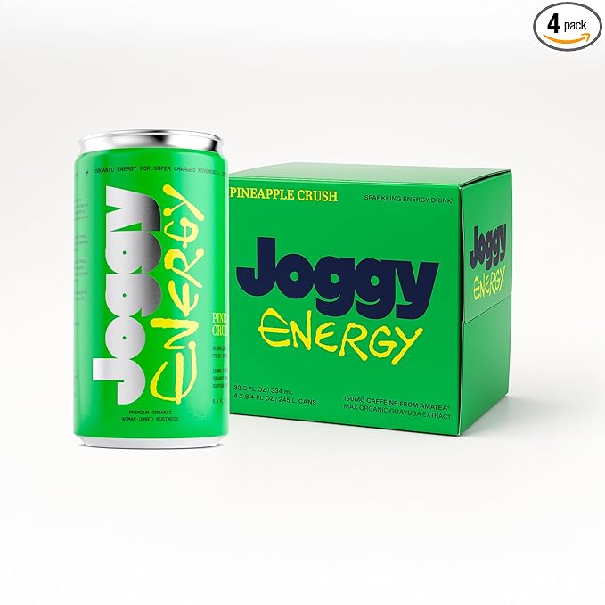 Joggy Organic Energy Drink | Pineapple Crush (4pk) | Clean Pre Workout Beverage with 150mg Guayusa Caffeine & No Added Sugar | Plant-Based, Gluten Free, Non-GMO, Vegan, Non-Jittery Focus Drink