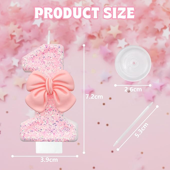 Pink Glitter Bow Birthday Candle, Smokeless, Eco-friendly, Non-Toxic, Modern, Numeric, 8cm/3in x 4cm/1.6in, 1 Count