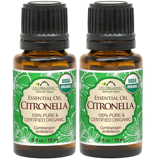 US Organic Citronella Essential Oil, USDA Certified, 100% Pure, 15 ml Pack of 2, Improved caps and