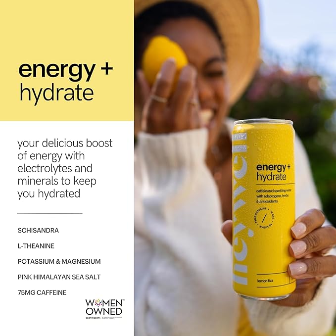 Heywell Sparkling Adaptogenic Water Energy and Focus, Lemon Fizz Flavor 12 Fluid Ounce (Pack of 12) - Caffeinated, Organic, Non GMO, Vegan, Gluten Free, Dairy Free