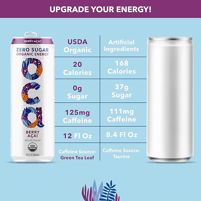 OCA ZERO Variety Pack, Organic energy drink, zero sugar, gluten-free, vegan plant-based, 12 Fl Oz (12-pack)