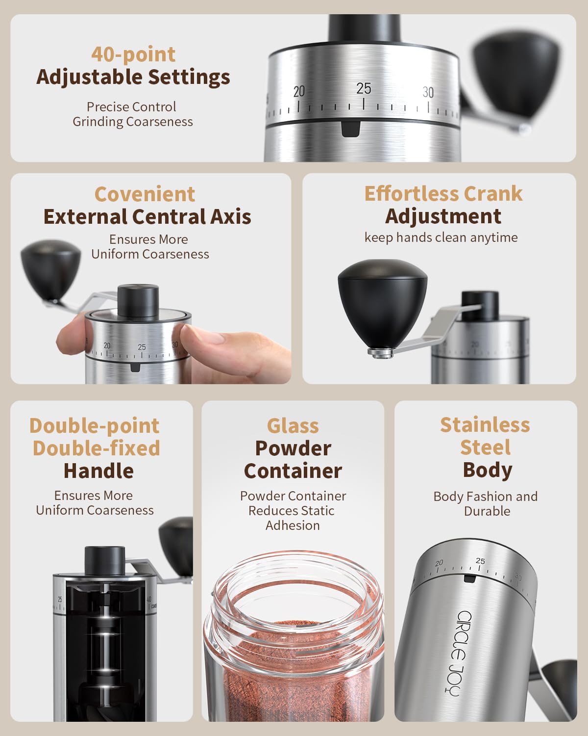 CIRCLE JOY Mini Manual Coffee Grinder with 40 External Adjustable Settings and Ceramic Conical