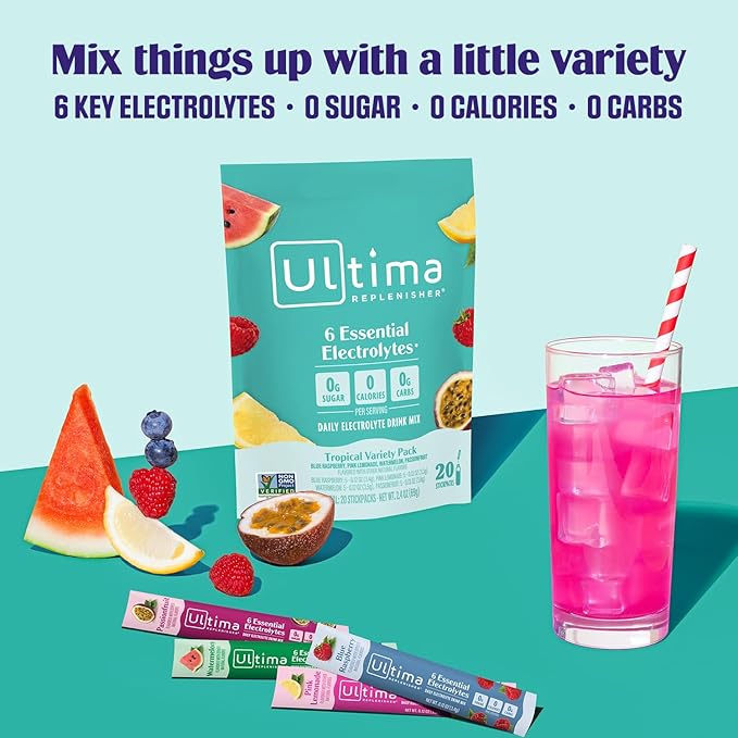 Ultima Replenisher Daily Electrolyte Powder Drink Mix ??Sugar Free ??Tropical Variety, 20 Stickpacks ??Hydration Packets with 6 Electrolytes and Minerals ??Keto Friendly, Non-GMO