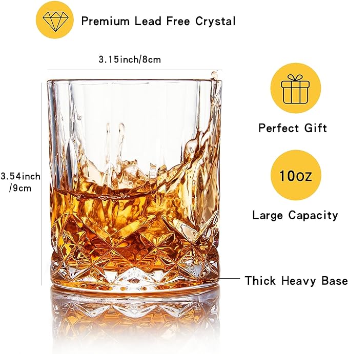 Whiskey Glasses Set of 4,Rock Glasses,11 oz Lead-Free Crystal Bourbon Glass,Old Fashioned Glass for Bourbon,Cognac,Irish Whisky,Personalised Whisky Glass Gift Set for Men,Dad,Brother