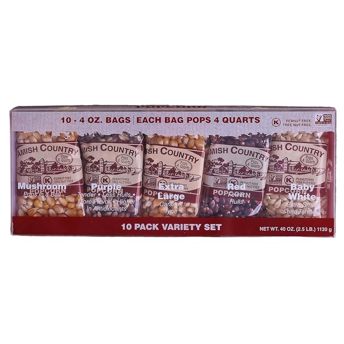 Amish Country Popcorn | 4 Ounce Variety Kernel Gift Set (10 Pack Assorted) | Old Fashioned, Non-GMO and Gluten Free (4oz Each, 10ct Total)