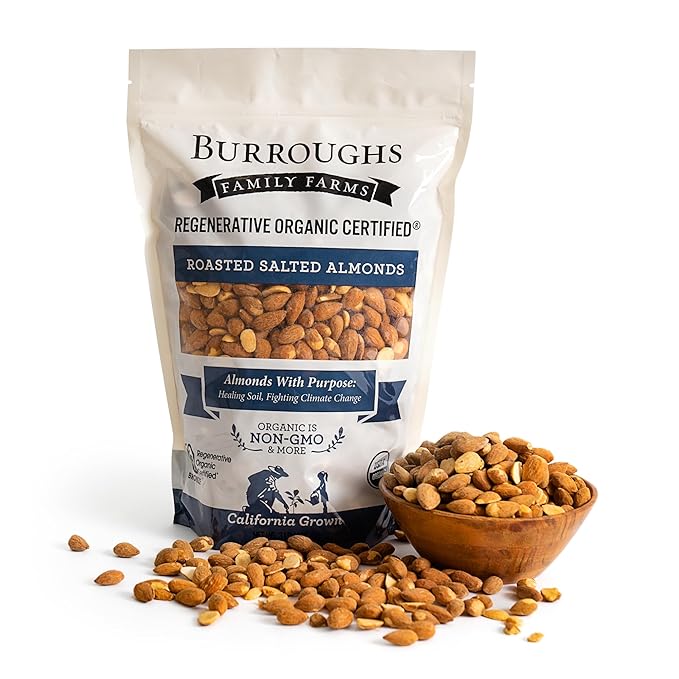 Burroughs Family Farms 3 lb Roasted Salted Almonds – USDA Organic, First Regenerative Organic Certified Almond Farm – 2x the Antioxidants and Vitamin B Versus Other Almonds – Lightly Salted & Perfectly Dry Roasted Almond Nuts