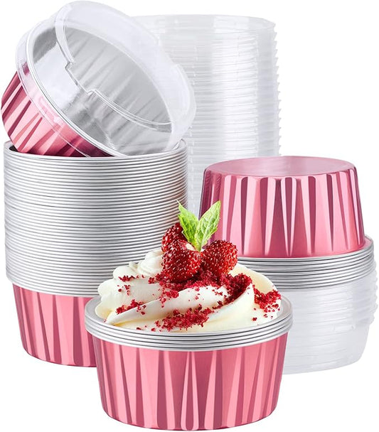 EUSOAR Disposable Ramekins with Lids, 60pcs 5oz Foil Dessert Cups, Aluminum Baking Cups Liners Mini Cupcake Containers Cheesecake Creme Brulee Ramekins for Wedding Party Catering Gathering-Carmine