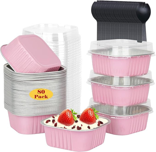 10oz/80pack Mini Cake Foil Pans with Lids,LNYZQUS 4?�x4??Large Cupcake Pan Disposable Ramekins,Small Brownie Baking Cups Square Muffin Tin Cheesecake Containers Holders-Pink