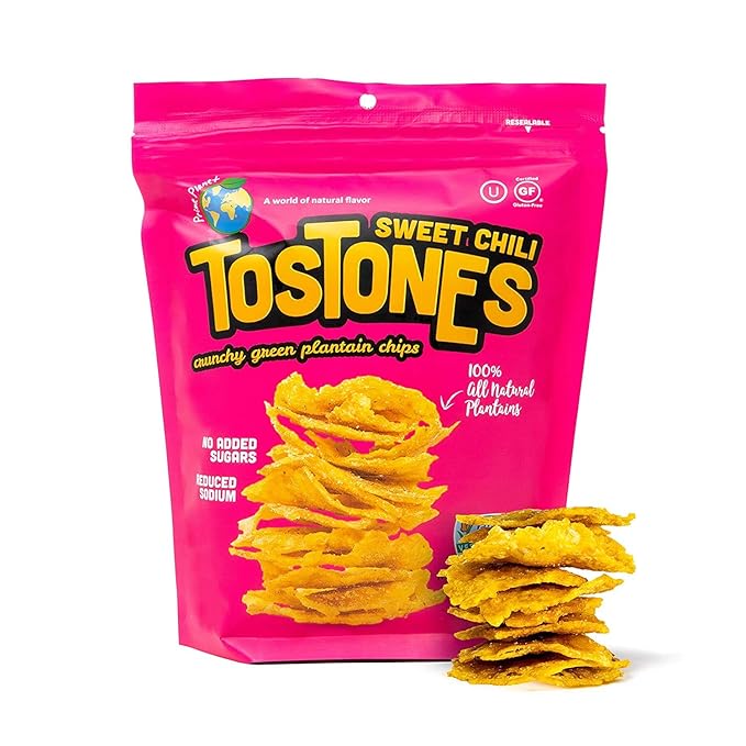TOSTONES, Green Plantains, Re-Sealable Bag, Crunchy chips, Plantains, Palm Oil and Salt, 3.53 Oz per Unit, SWEET CHILI Flavored, 1 Pack,