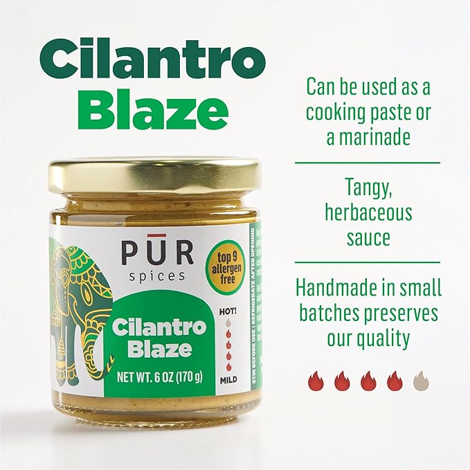 PUR Spices Cilantro Blaze I Hot Sauce & Tangy Cilantro Chutney I Fresh Cilantro, Garlic, Lime and Hot Peppers I Plant Based, Gluten Free, No Sugar Added, Preservative and Additive Free I 6oz Jar