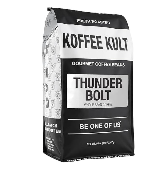 Koffee Kult Thunder Bolt Dark French Roast Whole Bean Coffee - Small Batch 100% Arabica Gourmet Blend, Bold and Well Balanced, 80oz Resealable Package