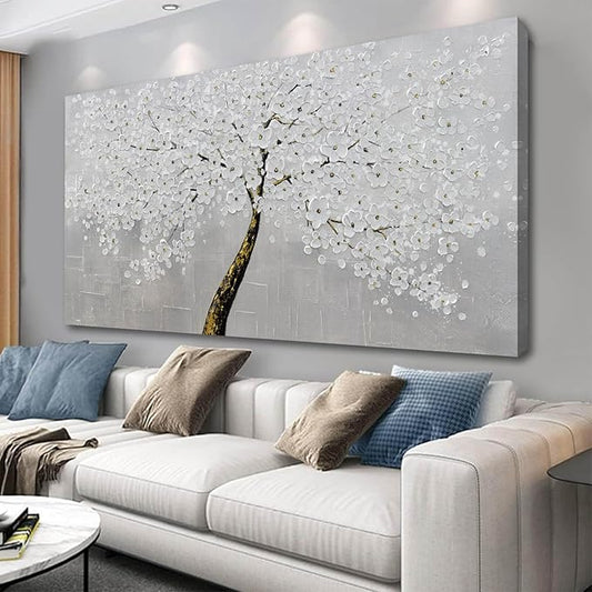 VAYIMDH Botanical Wall Decor for Living Room White with Gold Painting on Canvas Floral Wall Art Nature Artwork for Office Home 29"x 58" Hand Painted