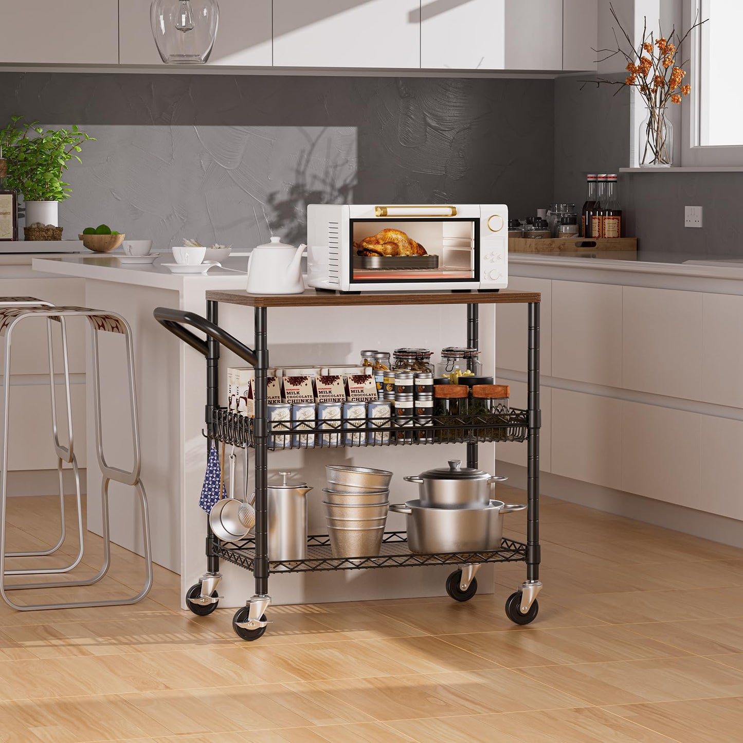 NTE Rolling Kitchen Carts on Wheels, 650Lbs Capacity 3 Tier Utility Cart with Wood Tabletop