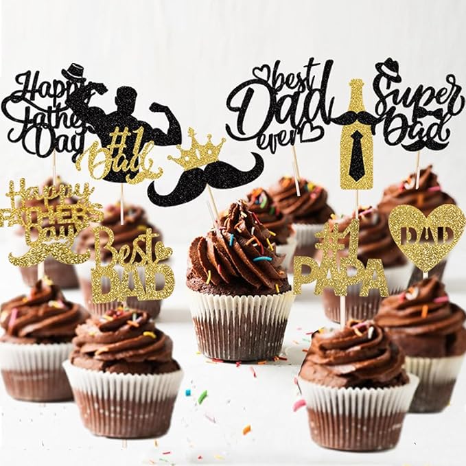 Wootkey Happy Father?쁲 Day Cake Topper Glittery 'Best Dad Ever' 25Pcs Black Gold Cupcake Toppers, Ideal for Father's Day & Men's Birthday Theme Cake Decorations Party Supplies
