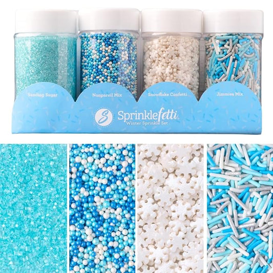 Sweets Indeed Christmas Sprinkles, 4 Pack, Snowflake Edible Sprinkle Mix, Perfect for Frozen Cake Decorations, Baking, Ice Cream, Cookies, Cupcake Topper (Winter)