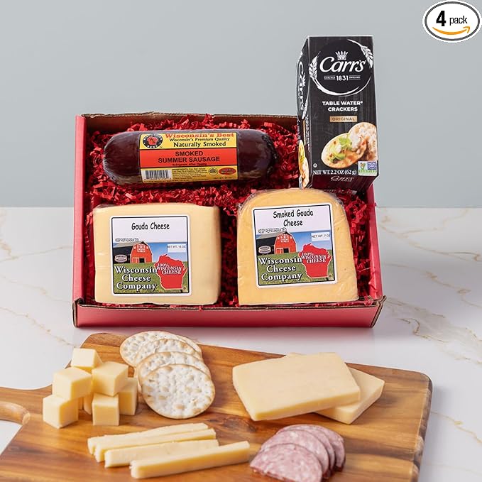 Wisconsin Cheese Company - Large Smoked Gouda Gift Box - 100% Wisconsin Original Gouda Cheese, Smoked Gouda Cheese, Sausage & Cracker Gift Box | Perfect for Parties, Charcuterie Boards and Birthday Gifts
