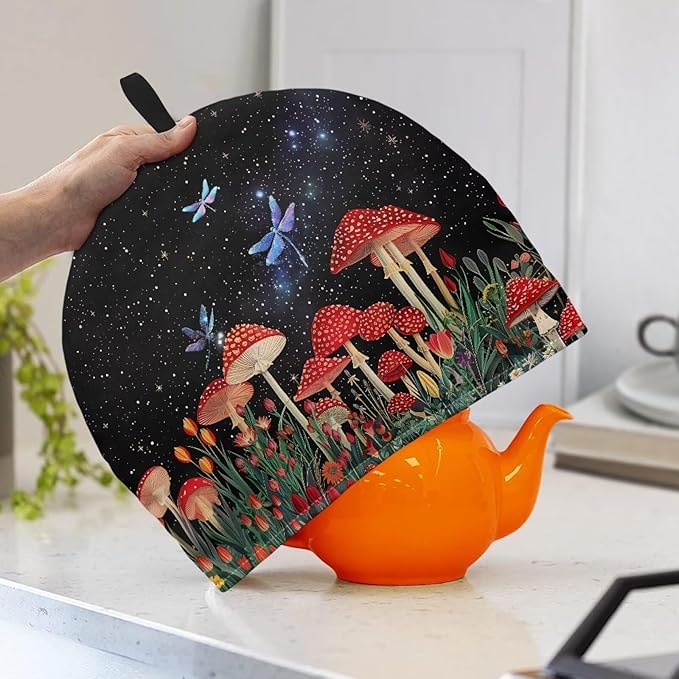 Mushroom Dragonfly Tea Cozy Cover Warmth Keep Teapot Cover Insulated for Coffee Tea Drinkers Reusable Domed Thick Tea Cozies Scratch Proof Teapot Cozy Breakfast Warmer with Cotton Filling