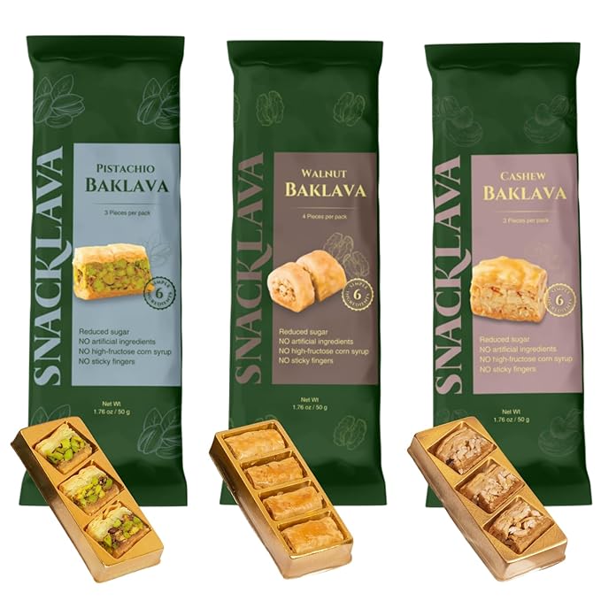 Snacklava Mixed Baklava Bites - 20 Pack - 5 Pistachio (3 Pieces per Pack) 10 Walnut (4 Pieces per Pack) 5 Cashew (3 Pieces per Pack) - No Artificial Ingredients, Colors or Preservatives