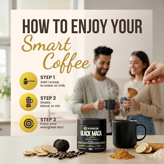 X COFFEE Instant Black Maca Coffee for Men and Women – Maca Coffee Powder - Instant Coffee Blend with Maca Root, Ashwagandha, Ginseng, Huperzine A, Rhodiola, Taurine, Uridine, Citicoline & L-Tyrosine