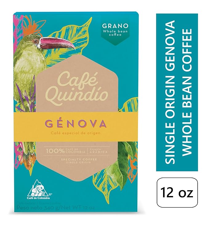 Cafe Quindio Genova Single Origin - Medium Roast 100% Colombian Excelso Whole Bean Arabica Coffee - 12 Ounce Bag (340g)