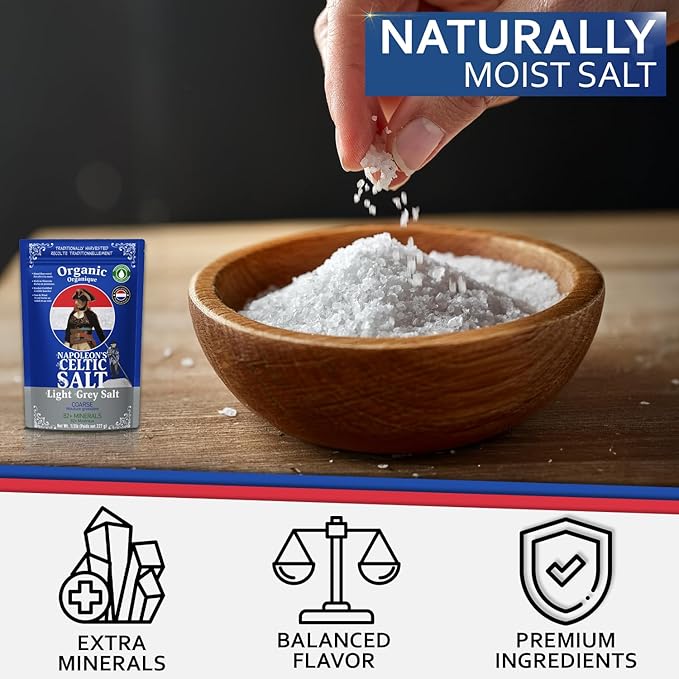 Napoleon's Celtic Organic 82 Minerals Sea Salt Coarse, French Sea Salt, Grey Salt, 1/2lb Resealable Bag, Mineral Rich Unrefined Sea Salts, Naturally Moist, Hand Harvested, Unrefined Mineral Salt, 100% Natural, Sel Gris (0.5lb Grey Coarse) Pack of 1