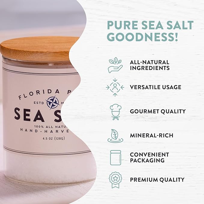 Pure Sea Salt by FLORIDA PURE 80+ Mineral Sea Salt Unrefined, Non Iodized, Addititive-free, Natural Sea Salt for Baking, Cooking, Seasoning & Rich in Taste Hand-harvested Flaky Sea Salt (1.75oz Jar)