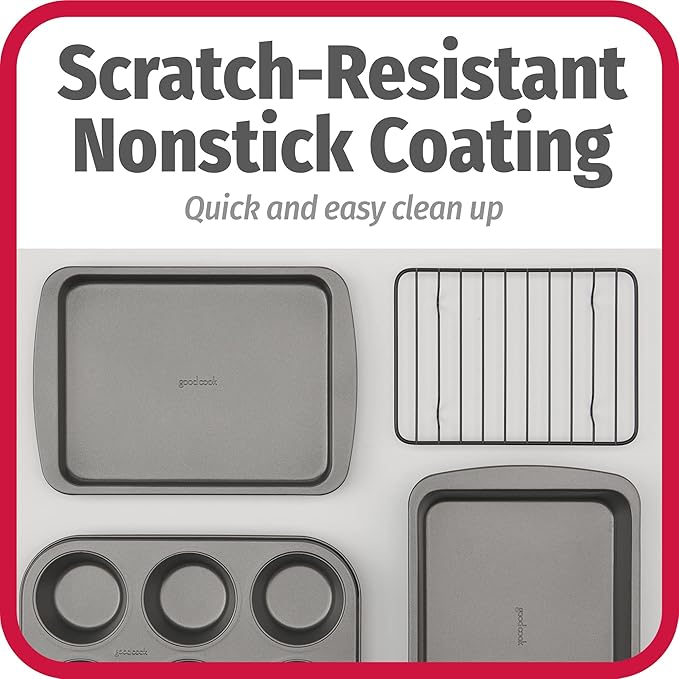 GoodCook 4-Piece Nonstick Steel Toaster Oven Set with Sheet Pan, Rack, Cake Pan, and Muffin Pan, Gray, 4-Piece Set Distributes Heat Evenly, Nonstick Coating, Dishwasher-Safe