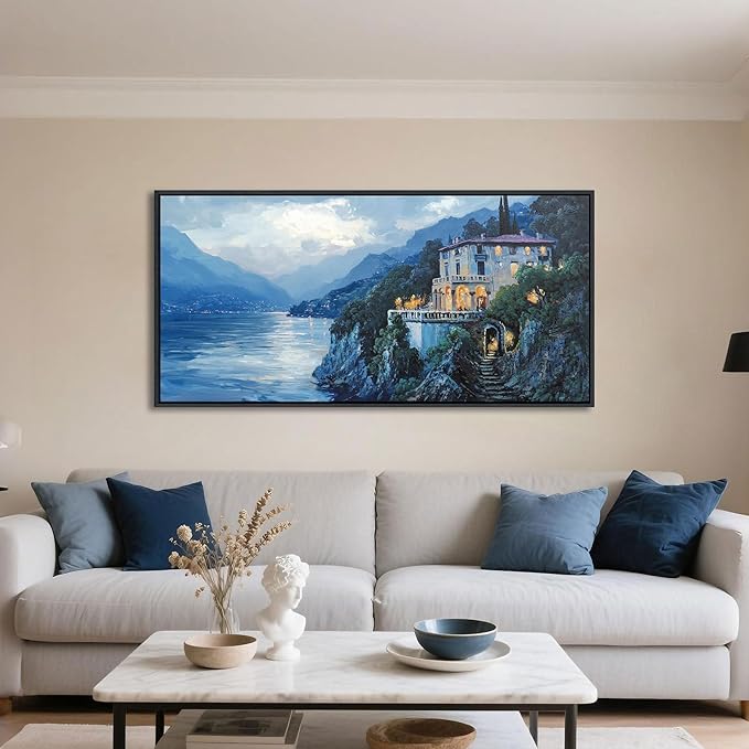 QZQCBLC Landscape Canvas Wall Art, Blue Mountains Lake Houses Green Trees Scenery Framed Paintings Artwork for Living room Bathroom Bedroom Home Office Wall Pictures Decor 20x40 IN