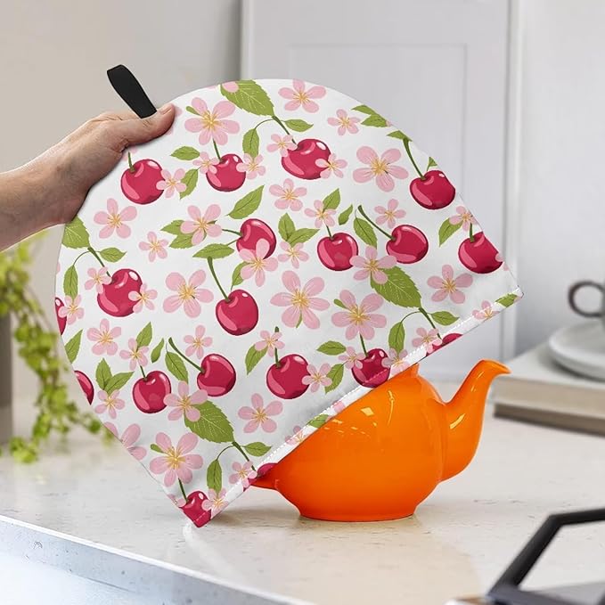 Large Tea Cozy for Teapot Red Cherry Print Extra Thick Tea Pot Cover Home Kitchen Decoration Insulated Teapot Cozy Dust Kitchen Accessories for Home Daily