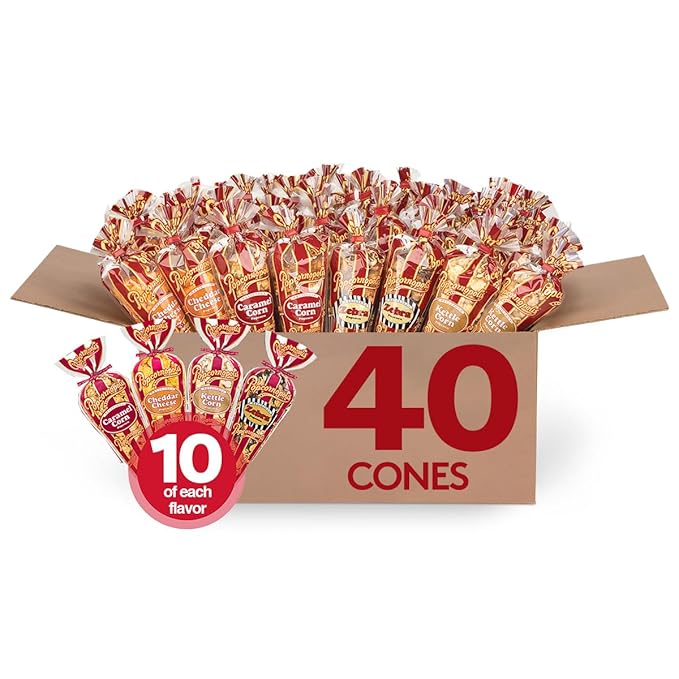 Popcornopolis Gourmet Popcorn Mini Cones Variety Pack ??10 Each of Zebra, Cheddar Cheese, Caramel & Kettle Corn Popcorn, Great for Gifting, Parties & Snacks, (40-Count Case)