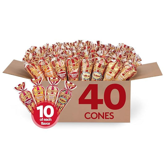 Popcornopolis Gourmet Popcorn Mini Cones Variety Pack ??10 Each of Zebra, Cheddar Cheese, Caramel & Kettle Corn Popcorn, Great for Gifting, Parties & Snacks, (40-Count Case)