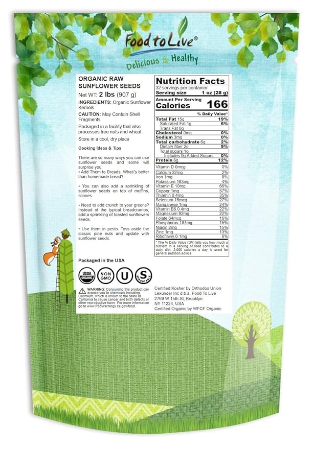 Food to Live - Organic Sunflower Seeds, 2 Pounds - Hulled, Raw, Non-GMO, Dried Kernels, Unsalted, Kosher, Vegan, Keto, Paleo, Sirtfood, Bulk