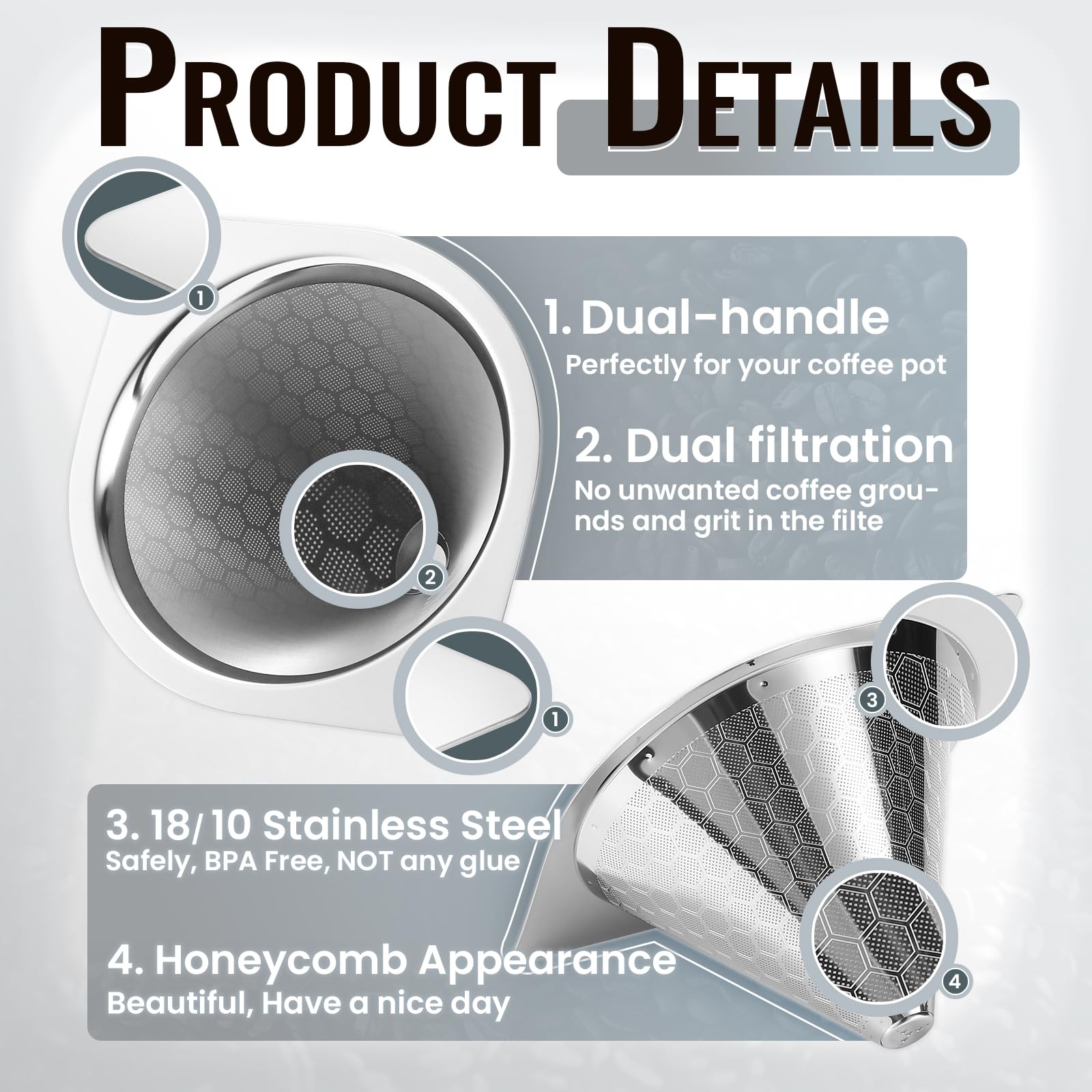 HAPYHOOM Reusable Stainless Steel Coffee Filter for Chemex 6/8/10 Cup, Bodum & Hario V60, Fine Mesh