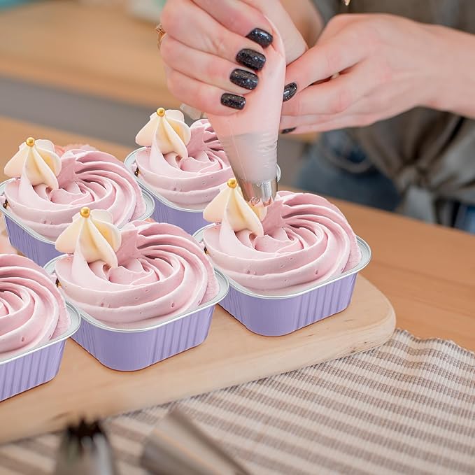 Aoriher 150 Pieces 10 oz Mini Cake Pans with Lids Aluminum Foil Baking Cups Square Disposable 4" x 4" Large Cupcake Cups Baking Tins for Kitchen Brownie Pudding Desserts Holders(Taro Purple)