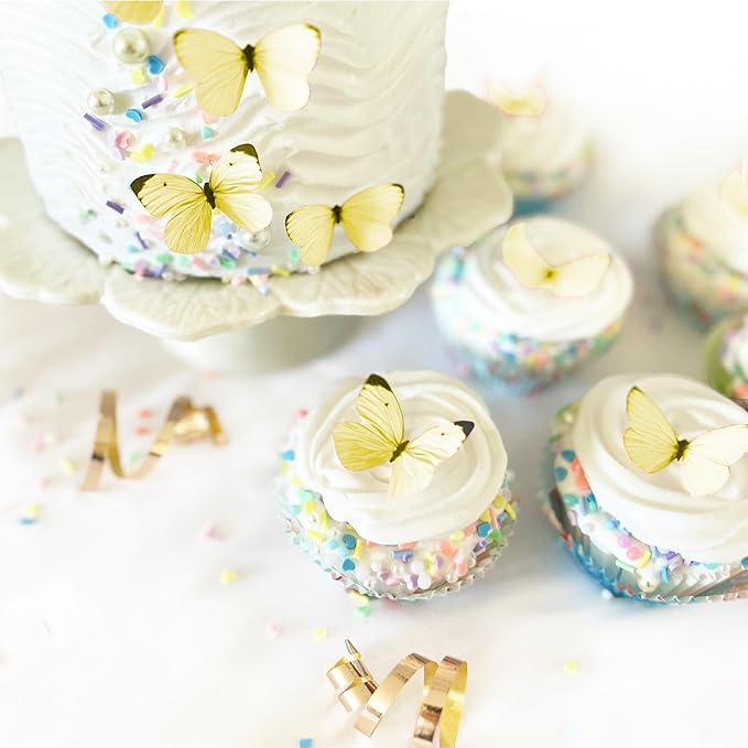 Sugar Robot Edible Butterflies for Cake Decorating - Small Pastel Yellow Butterfly Cake Toppers and Cupcake Toppers - Decoration Made in the USA - Premium Crafted (Yellow)