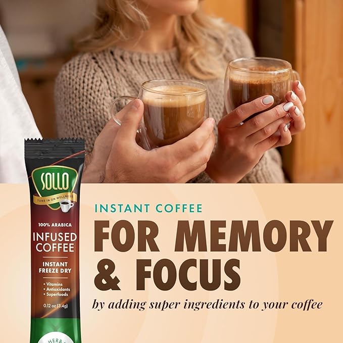 Sollo Brain Power Instant Coffee Sticks (24 Servings) Cinnamon Notes - Dark Roast, Enhanced Brain Function & Immune Support, Focus, Bold & Smooth Taste, 100% Arabica Freeze Dry.