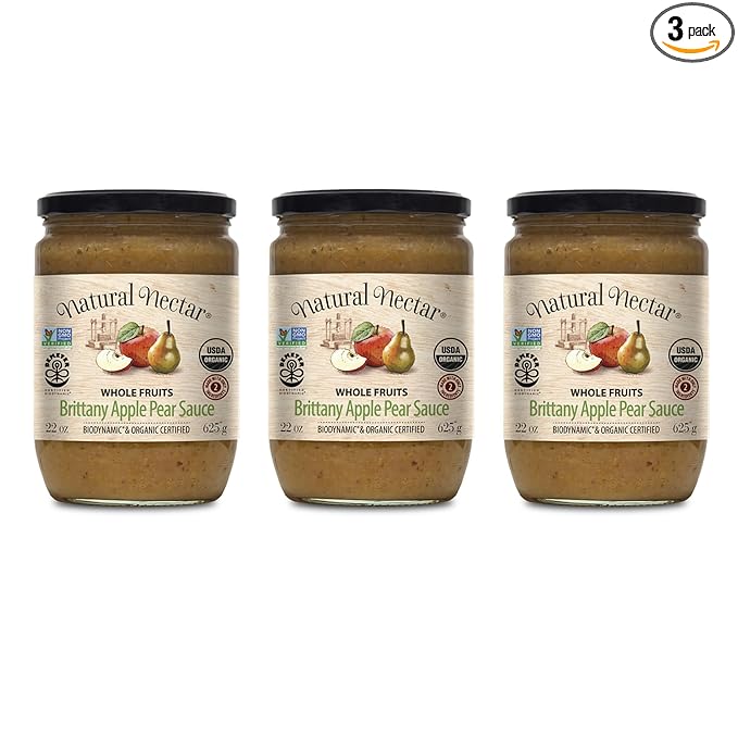 Natural Nectar Biodynamic & Organic Brittany Apple & Pear Sauce, Pack of 3 - Perfect for Breakfast, Snacks, or Desserts | USDA Organic Apple Sauce Certified, No Added Sugars ??22 oz Each