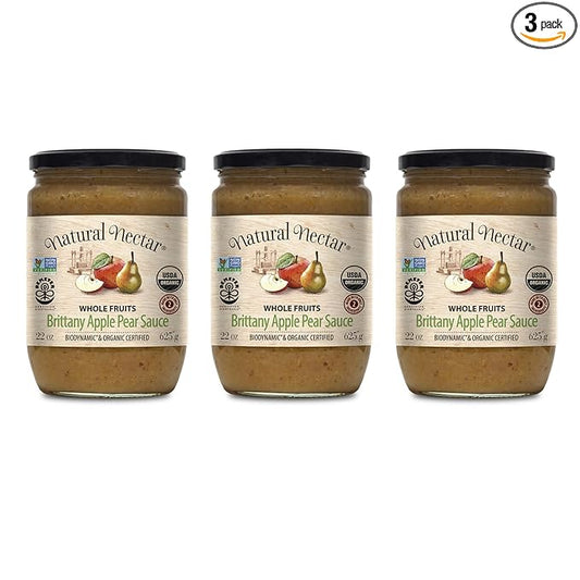 Natural Nectar Biodynamic & Organic Brittany Apple & Pear Sauce, Pack of 3 - Perfect for Breakfast, Snacks, or Desserts | USDA Organic Apple Sauce Certified, No Added Sugars ??22 oz Each