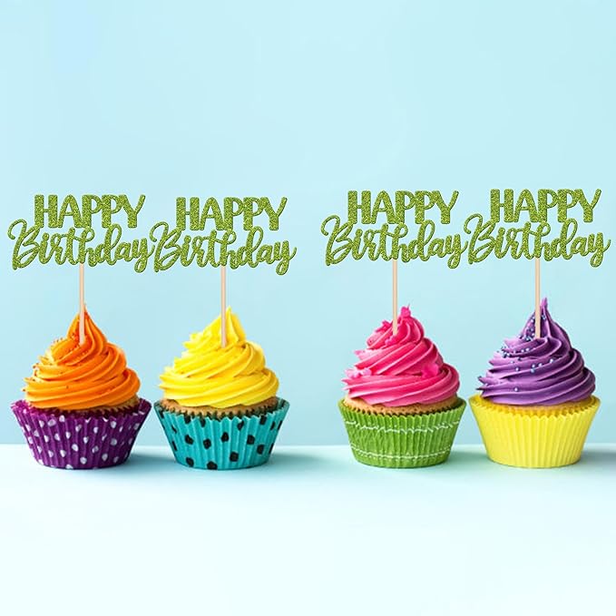 30 PCS Happy Birthday Cupcake Toppers Glitter Happy Birthday Cupcake Picks for Celebrating Birthday Anniversary Theme Party Cake Decorations Supplies Green