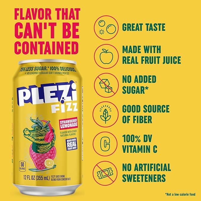PLEZi FiZZ Strawberry Lemonade Sparkling Juice - Healthy Soda Alternative with Real Fruit Juice, No