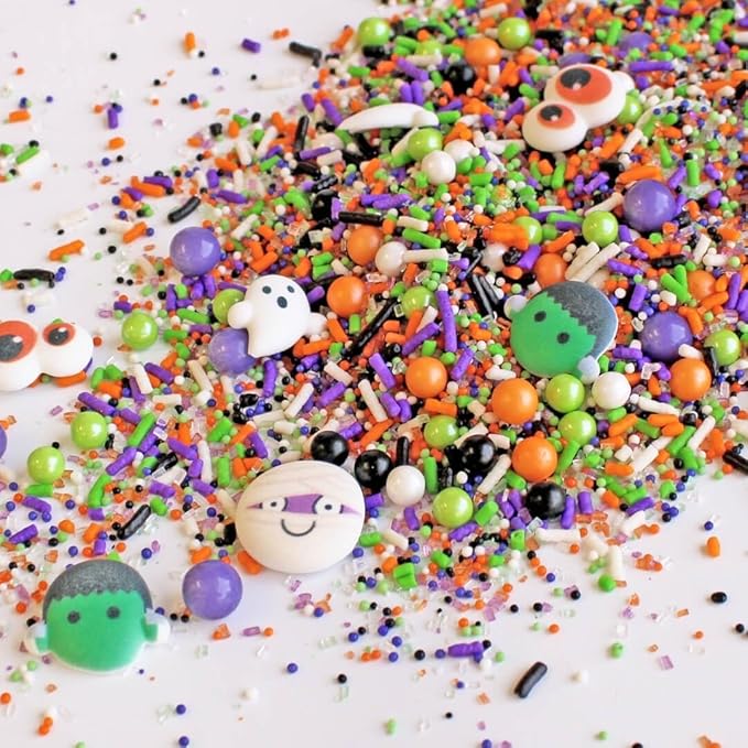 Sprinkle Pop Monster Mashup Sprinkle Mix| Orange Black White Lime Purple Sprinkles| Halloween Sprinkles with ~12 monster, ghosts, creepy eyeballs Made in USA for Decorating Cakes Cookies Cupcakes, 4oz