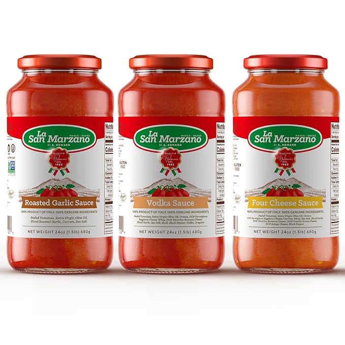 La San Marzano Variety Pack, Vodka, Four Cheese, Roasted Garlic Sauce, 24 oz, Pasta Sauce Made in Italy, All Purpose Tomato Premium Quality, All Natural, Non GMO, Gluten Free