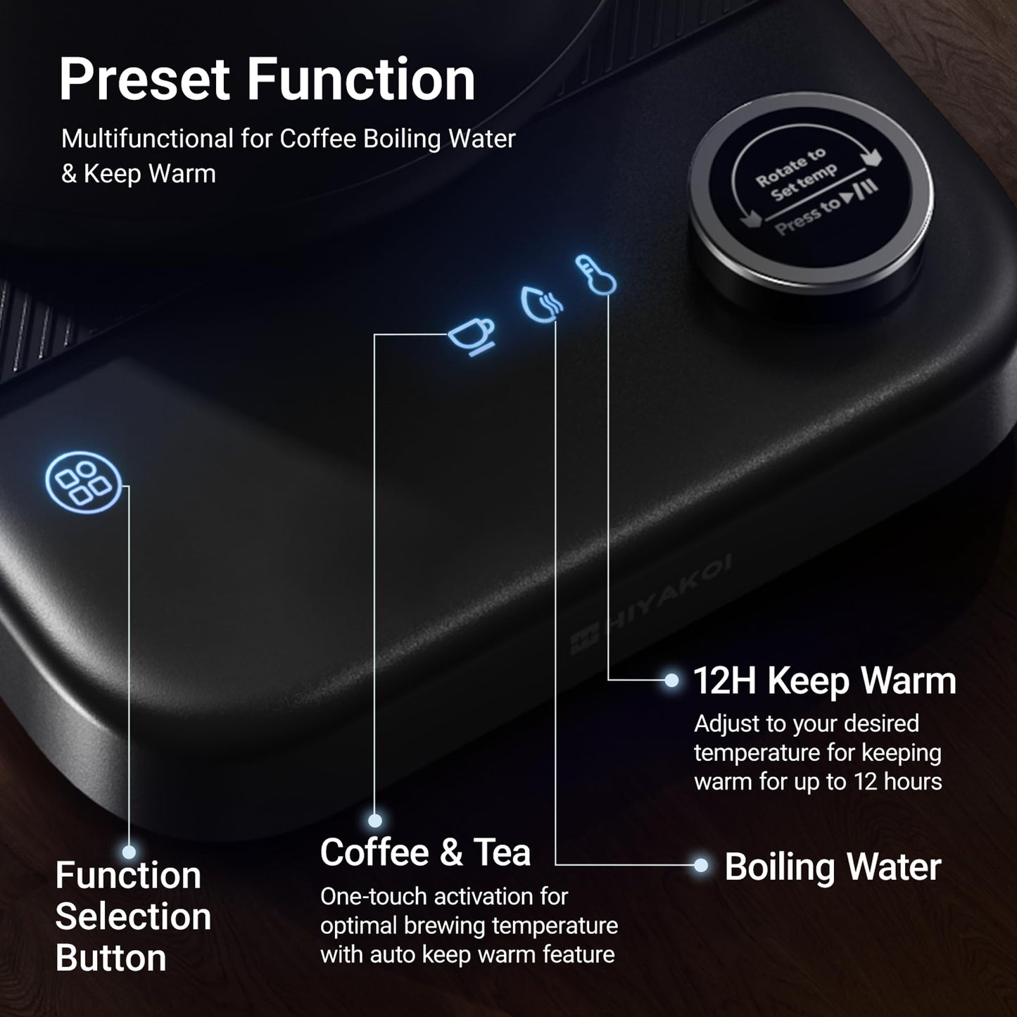 Gooseneck Electric Kettle HIYAKOI with ±1℉ Temperature Control, Pour Over Kettle for Coffee & Tea