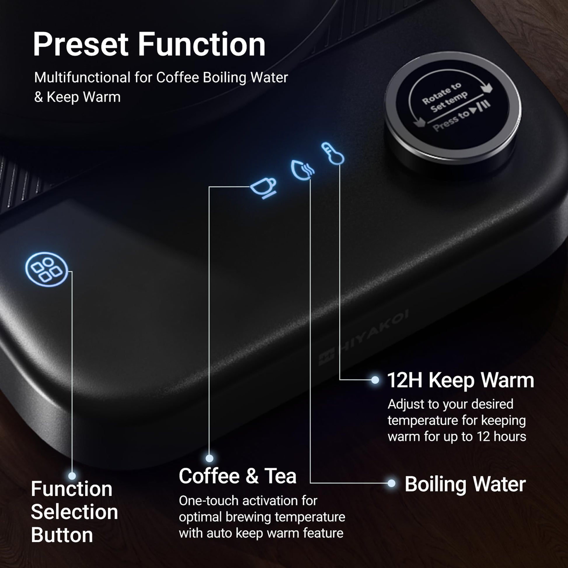 Gooseneck Electric Kettle HIYAKOI with ±1℉ Temperature Control, Pour Over Kettle for Coffee & Tea